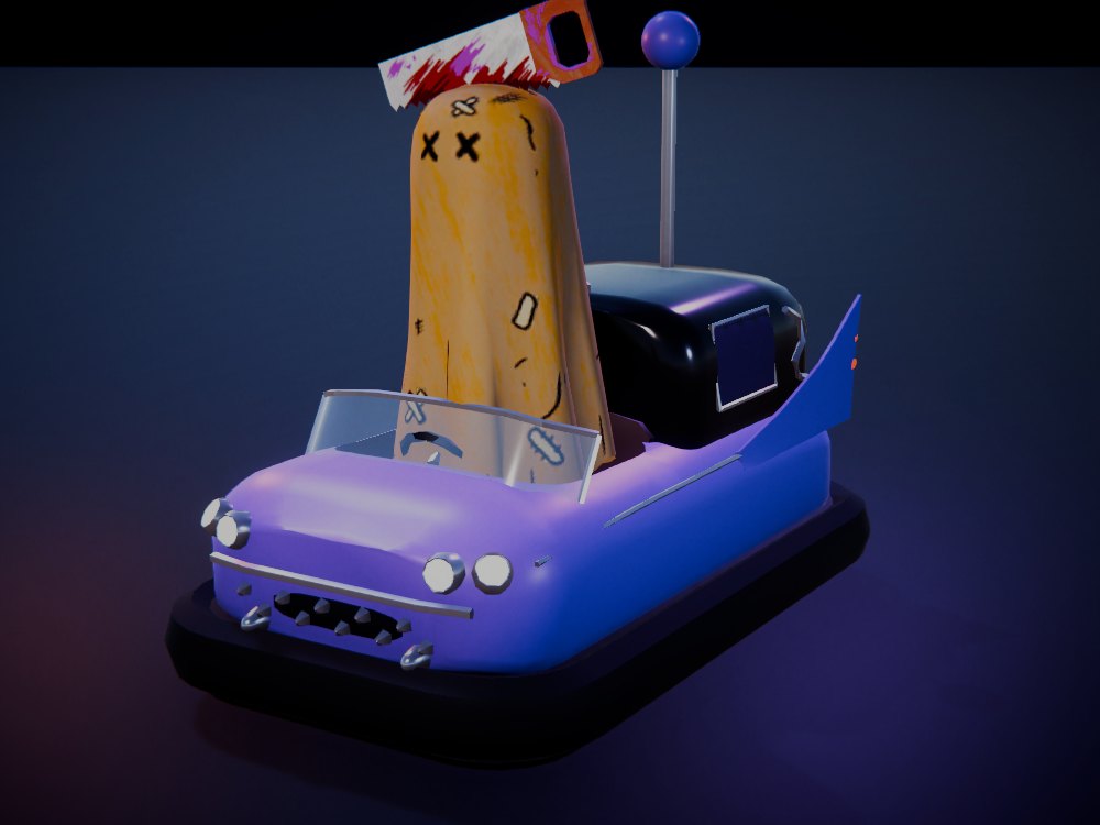 Cadaverlac: a long purple hearse with a black coach, curtained windows and giant tailfins, driven by a ghost with an axe in its head