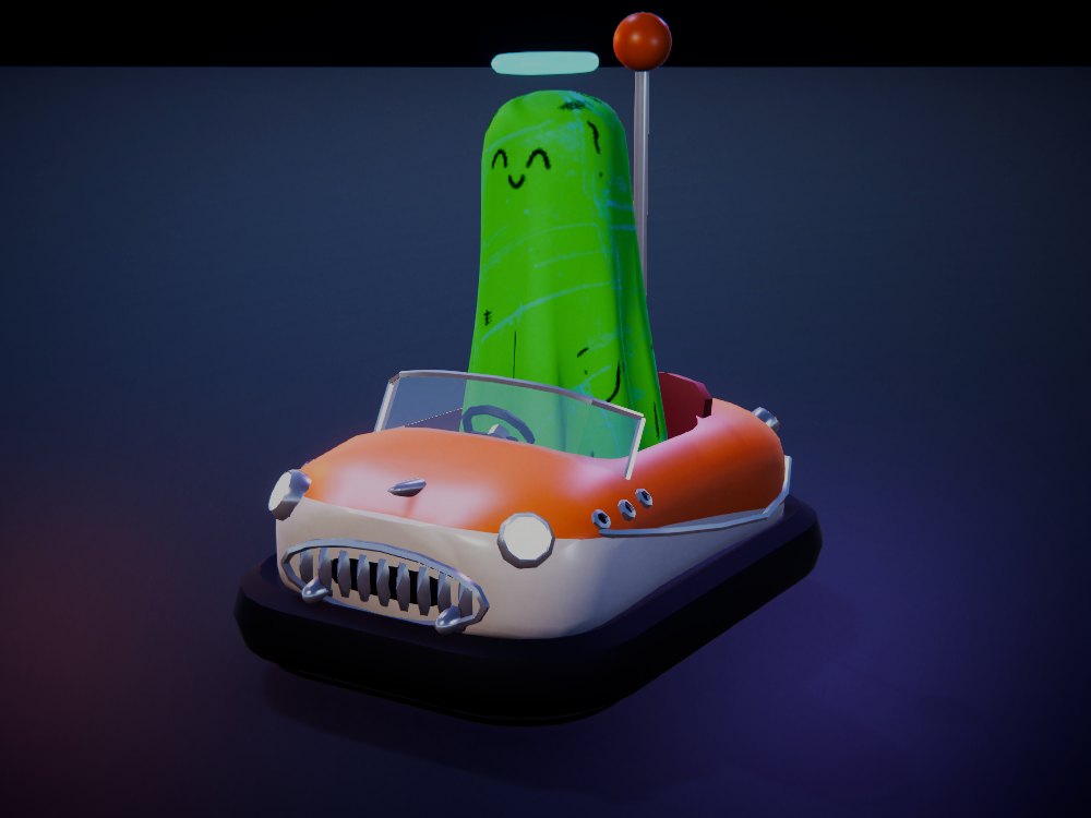 Roadmonster: an orange bumper cart with a toothy chrome grille, portholes and a white lower body, driven by a green ghost