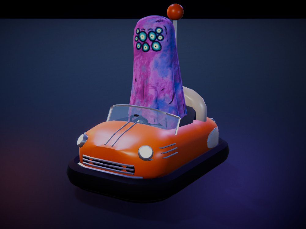 Screamliner: an orange fastback with silver streaks down the hood and a cream sloping tail, driven by a many-eyed purple ghost