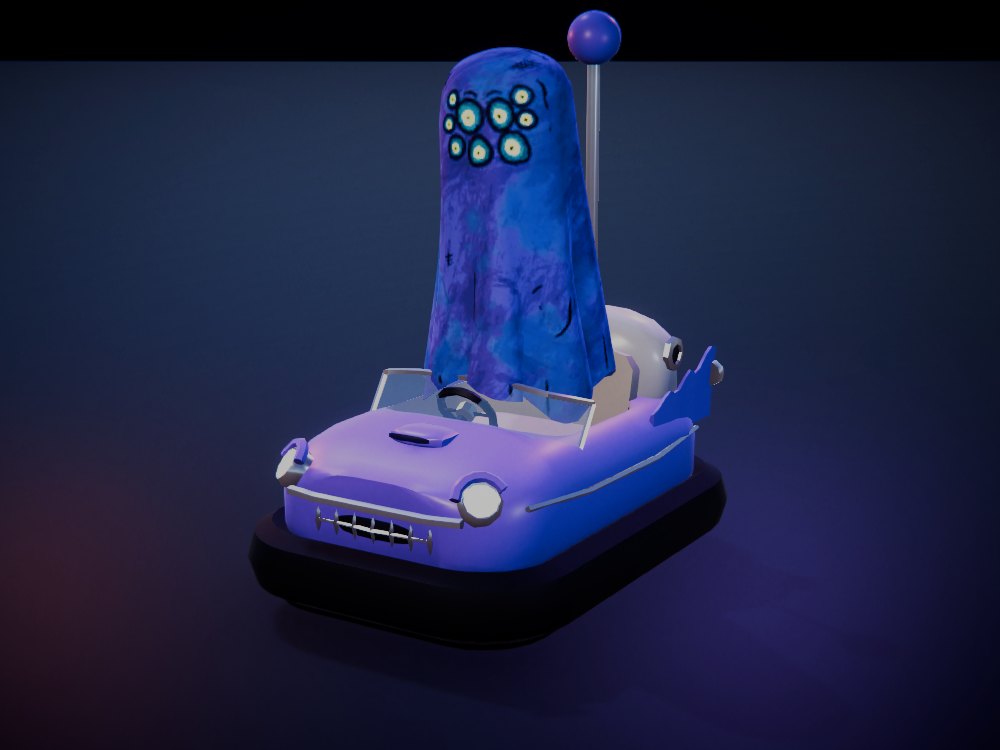 Thunderbat: a small purple roadster with hooded headlights, a white porthole hardtop and bat-wing fins, driven by a many-eyed blue ghost